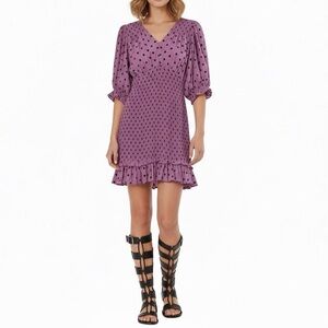 Faithfull the Brand Polka Dot Shirred Smocked Mini Dress Pink Black Size 10